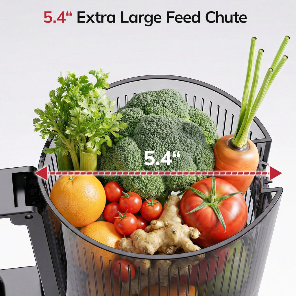 Cold Press Juicer, 5.4" Large Feed Chute Slow Masticating Juicer, High Juice Yield, Ultra Quiet, Easy Clean, BPA Free, Ideal Self-Feeding Juicer for Whole Fruits & Vegetables, Gray