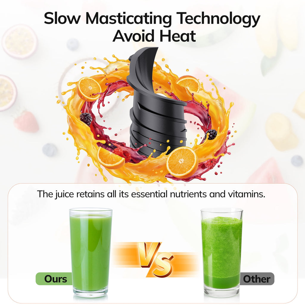 Cold Press Juicer, 5.4" Large Feed Chute Slow Masticating Juicer, High Juice Yield, Ultra Quiet, Easy Clean, BPA Free, Ideal Self-Feeding Juicer for Whole Fruits & Vegetables, Gray