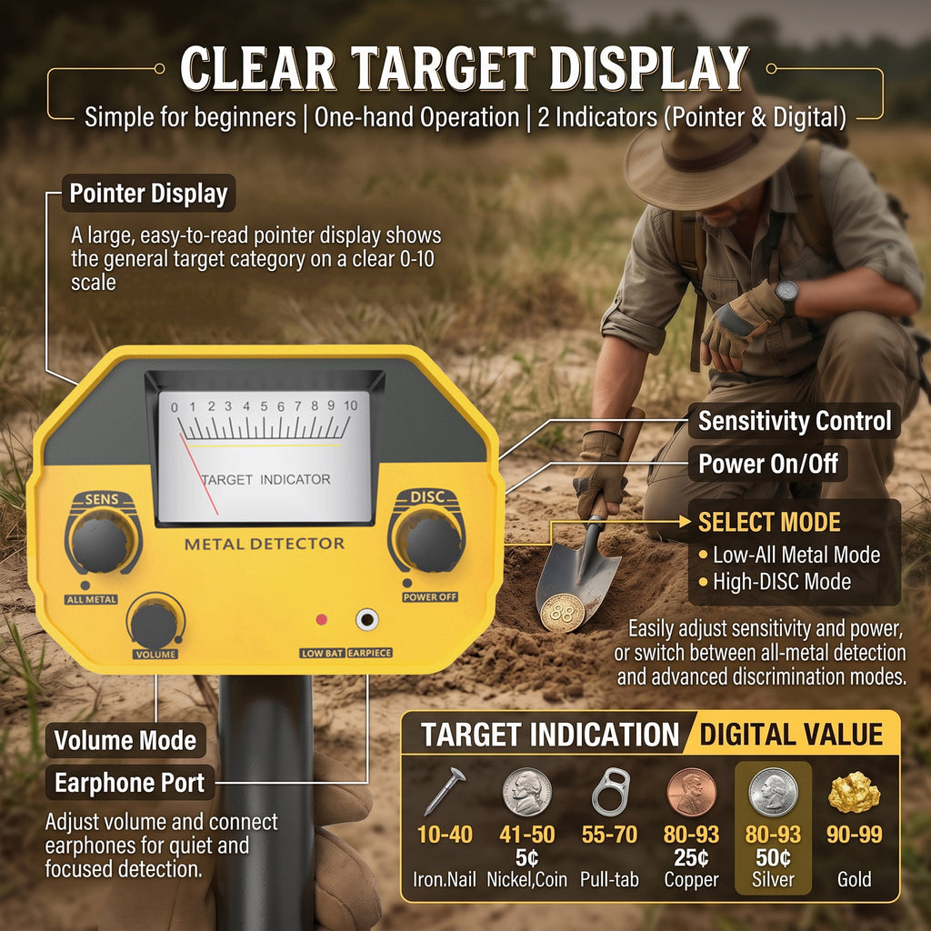 EZBY Metal Detector for Adults & Kids,2 Detection Modes,Lightweight Gold Finder with Waterproof Search Coil,Adjustable 31"-44" Rod for Beach & Outdoor Treasure Hunting