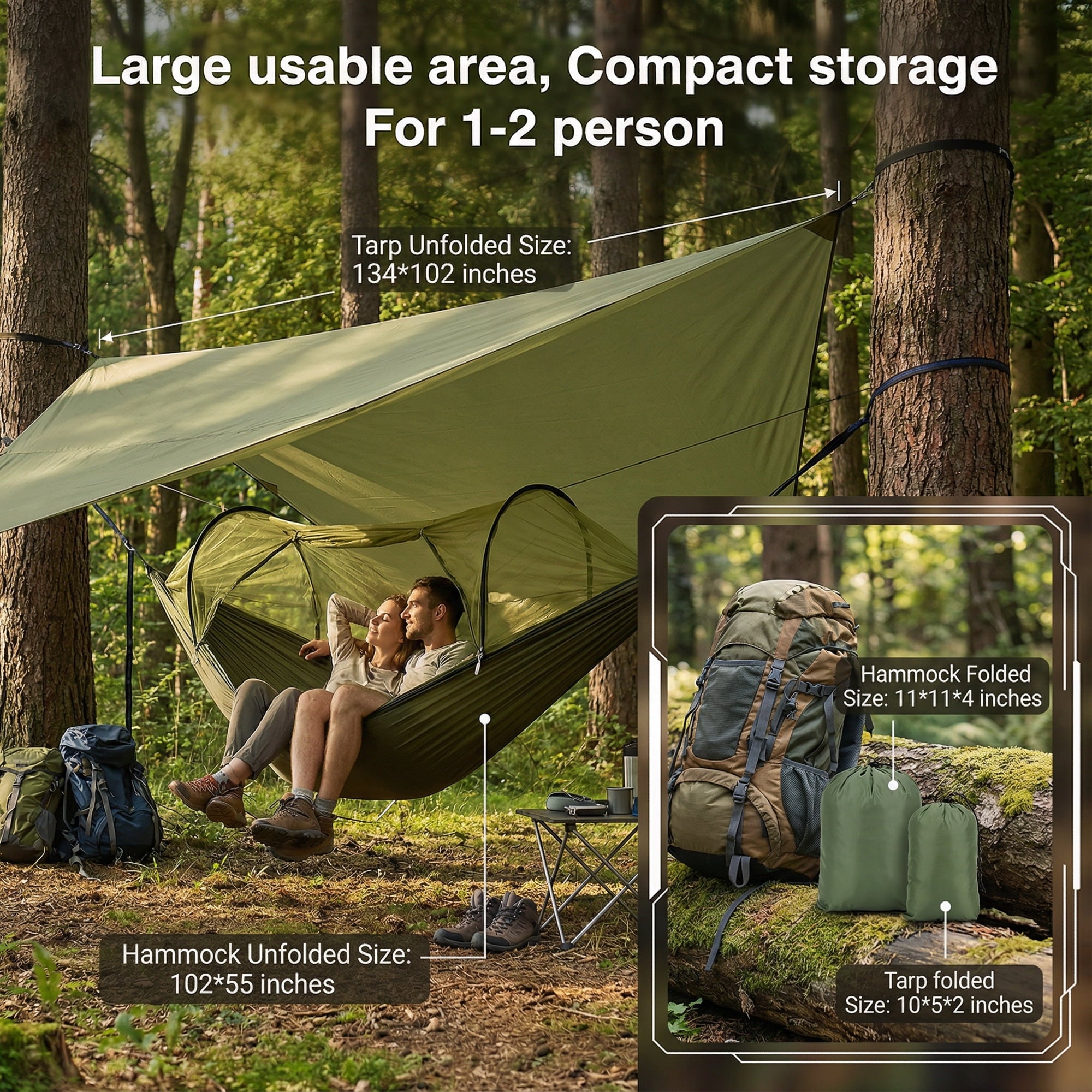 EZBY Camping Hammock with Net & Sunshade Tarp,2 Person Portable Hammocks for Outside,661lbs Max Load for Outdoor Camping Hiking Beach Park