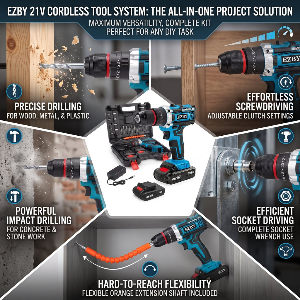 EZBY 21V Cordless Drill Set,Electric Power Drill Driver with 2 Batteries and Screw Kit,3/8" Keyless Chuck,2 Variable Speed, for Home Repair & DIY