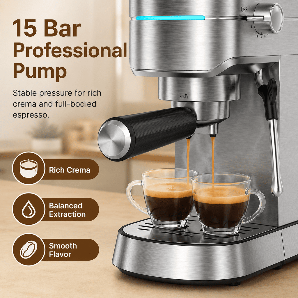 NICWIN Espresso Machine 15 Bar Compact Espresso Maker with Milk Frother Wand, 1350W Fast Heating Stainless Steel Coffee Machine for Espresso, Latte, Cappuccino, 7.3 Inch Wide