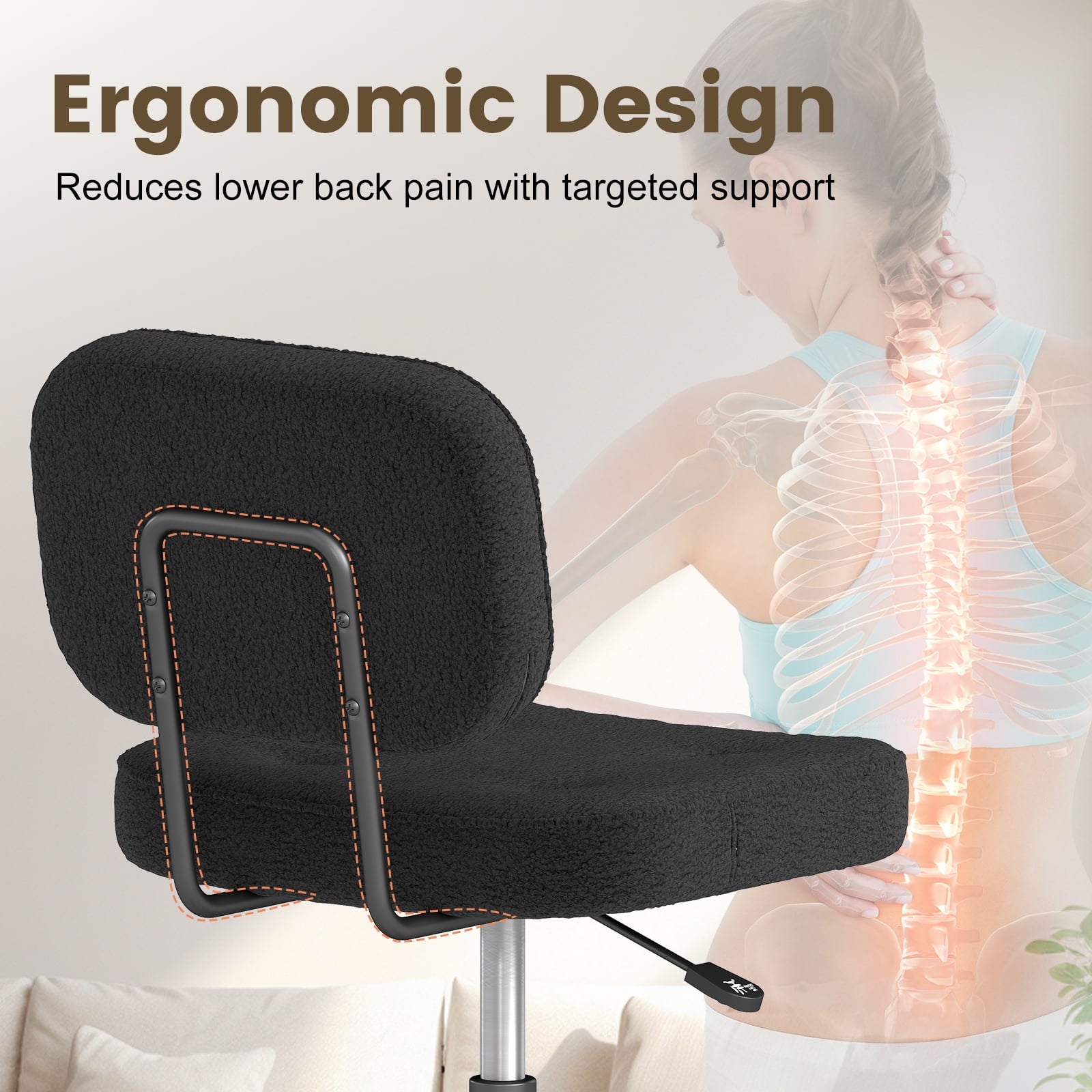 YERAIRR Armless Office Chair with Wide Seat,Teddy Fleece Fabric Home Computer Desk Chair Thickened Cushion Swivel Vanity Chair Black