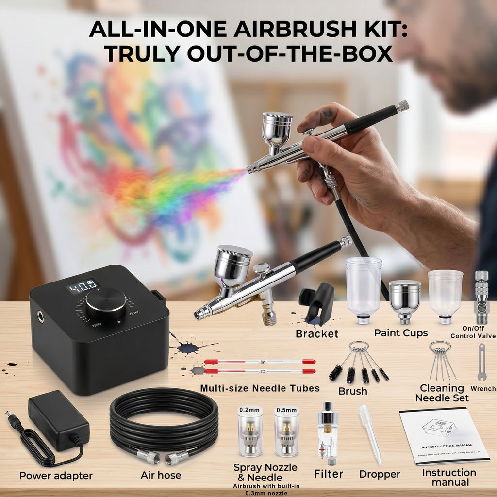 EZBY Airbrush Kit with Air Compressor, 40 PSI High-Pressure Compressor with Digital Display, Auto Start Stop, Zoomable Dual-Adjustment Airbrush Tool for Model Painting, Nail Art, Makeup, Cake Decor
