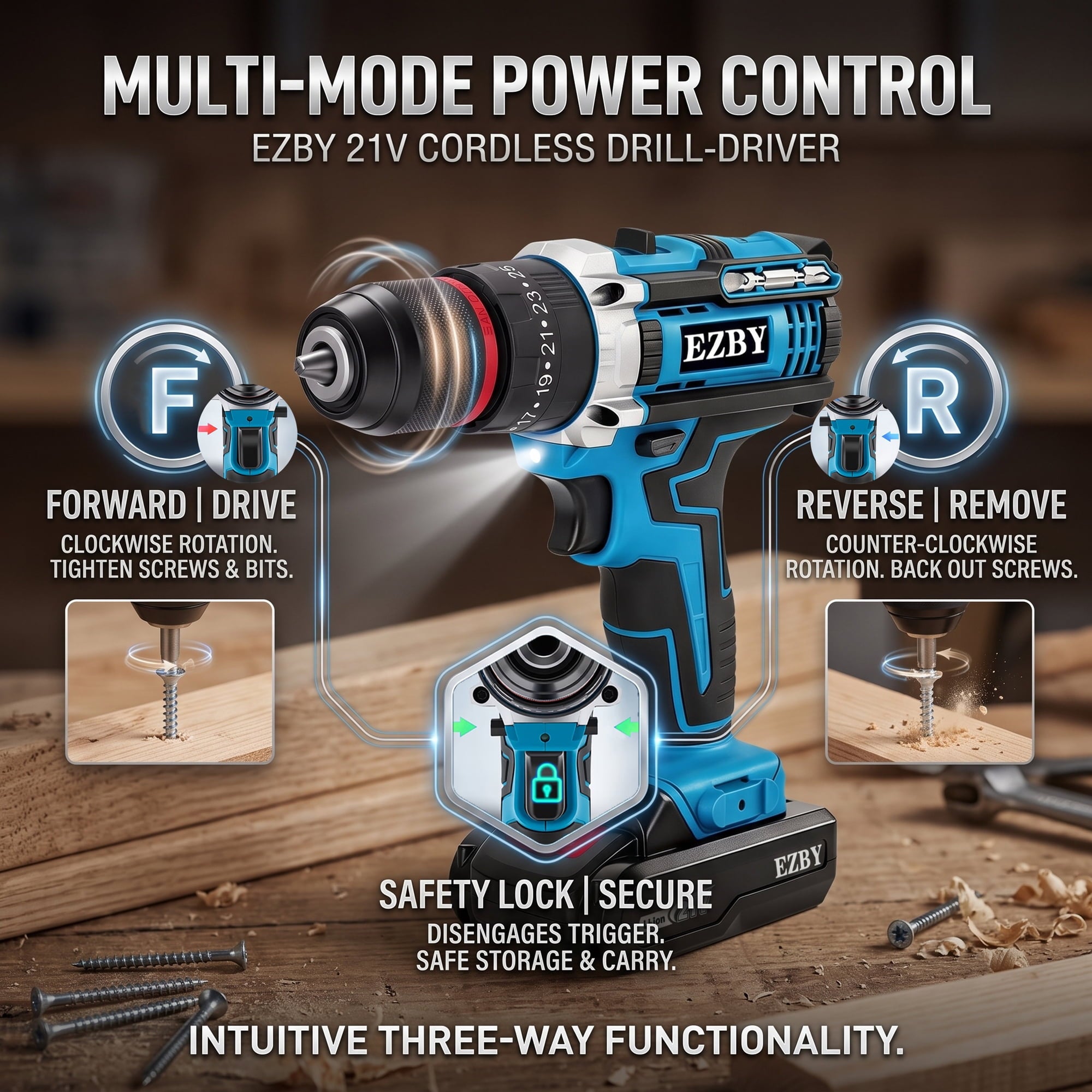 EZBY 21V Cordless Drill Set,Electric Power Drill Driver with 2 Batteries and Screw Kit,3/8" Keyless Chuck,2 Variable Speed, for Home Repair & DIY