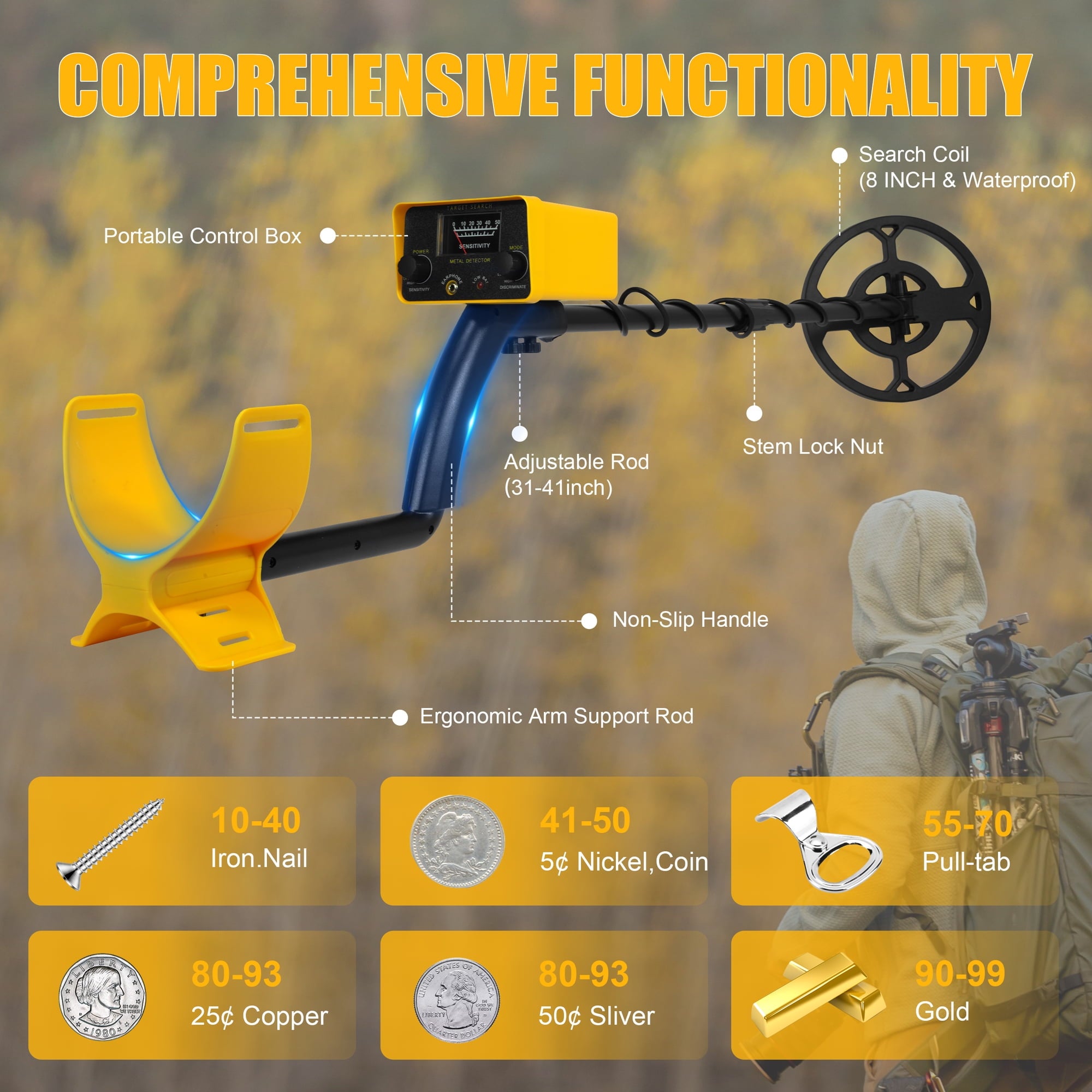 EZBY Metal Detector for Adults & Kids,High Precision Gold Digger with 2 Modes,6 Batteries, Adjustable 31"-44" Rod, Waterproof Search Coil & Rod to Hunt Treasure in Beach Backyard