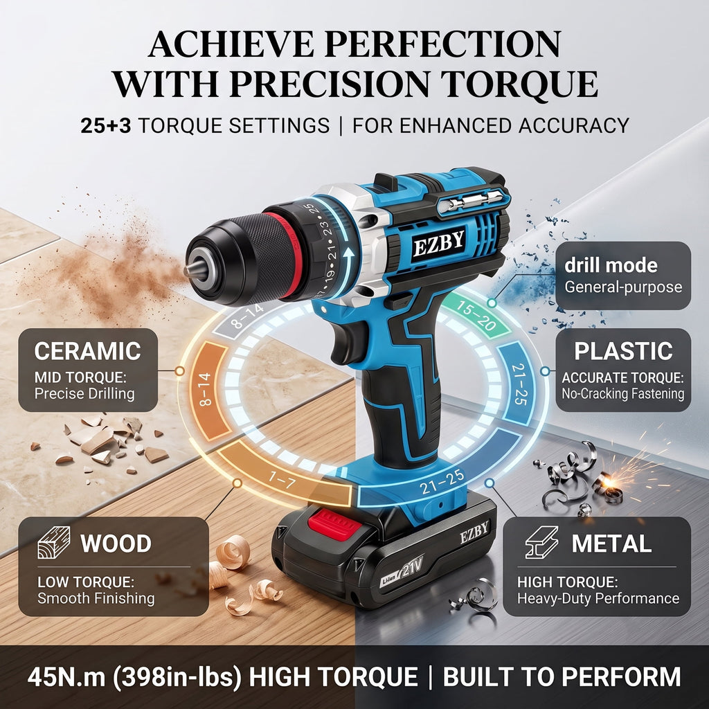EZBY 21V Cordless Drill Set,Electric Power Drill Driver with 2 Batteries and Screw Kit,3/8" Keyless Chuck,2 Variable Speed, for Home Repair & DIY