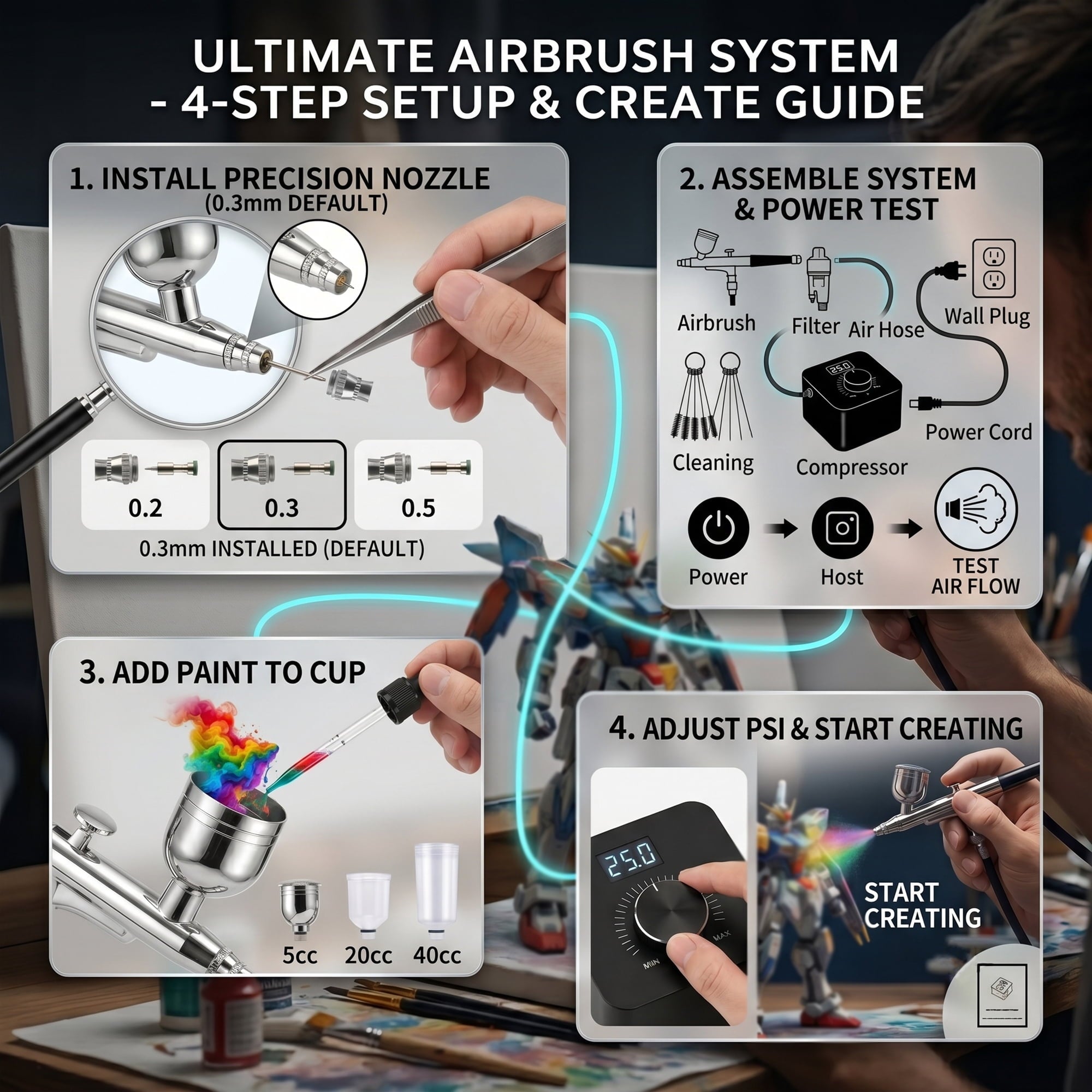 EZBY Airbrush Kit with Air Compressor, 40 PSI High-Pressure Compressor with Digital Display, Auto Start Stop, Zoomable Dual-Adjustment Airbrush Tool for Model Painting, Nail Art, Makeup, Cake Decor