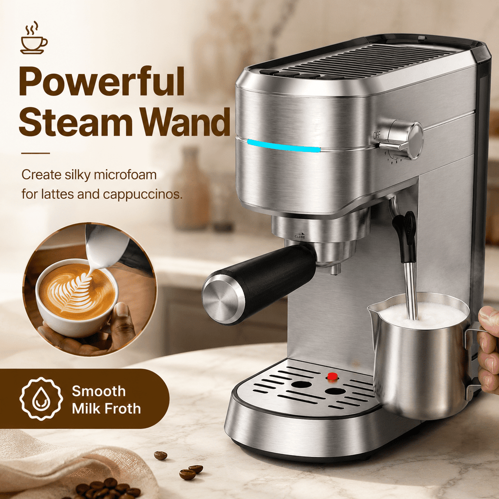 NICWIN Espresso Machine 15 Bar Compact Espresso Maker with Milk Frother Wand, 1350W Fast Heating Stainless Steel Coffee Machine for Espresso, Latte, Cappuccino, 7.3 Inch Wide