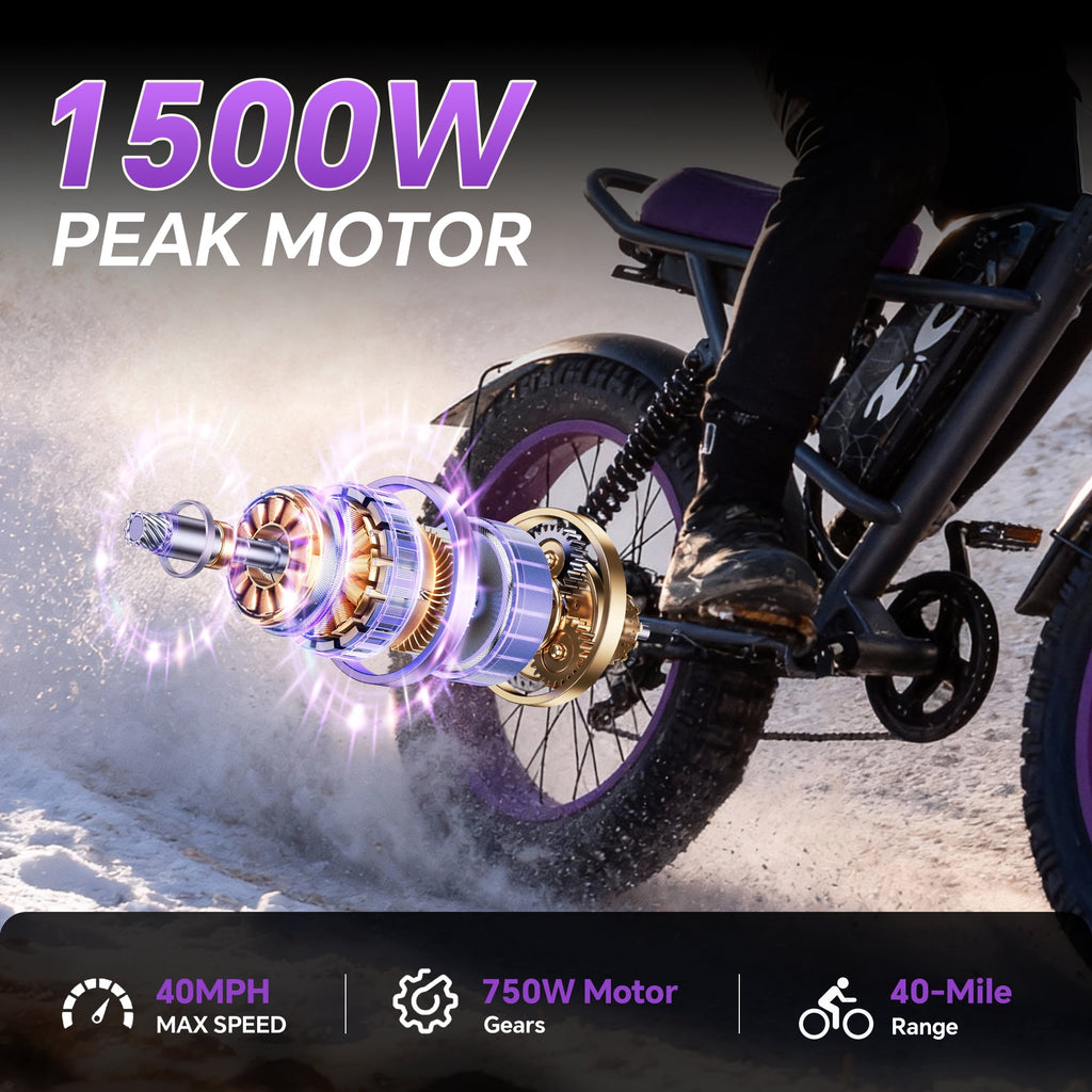 DRIFT.SLIDE D93 Pro Electric Bike for Adults, 1500W Peak Ebike, 20 Mountain Bike, 48V 20.8Ah Waterproof Removable Battery, 28 mph Max – Purple