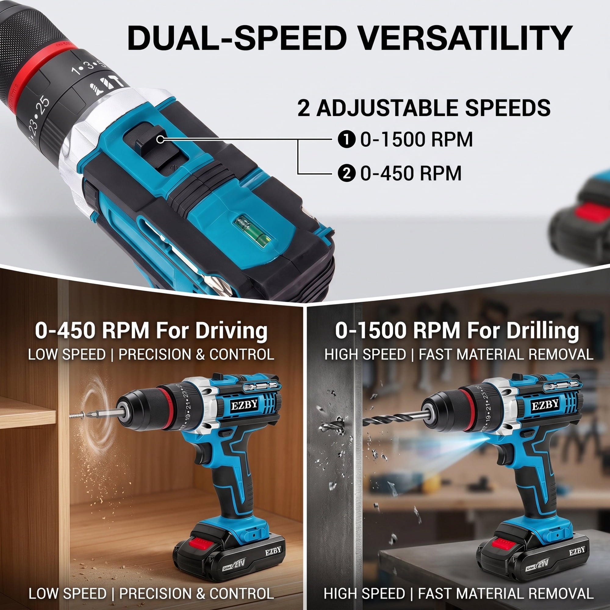 EZBY 21V Cordless Drill Set,Electric Power Drill Driver with 2 Batteries and Screw Kit,3/8" Keyless Chuck,2 Variable Speed, for Home Repair & DIY
