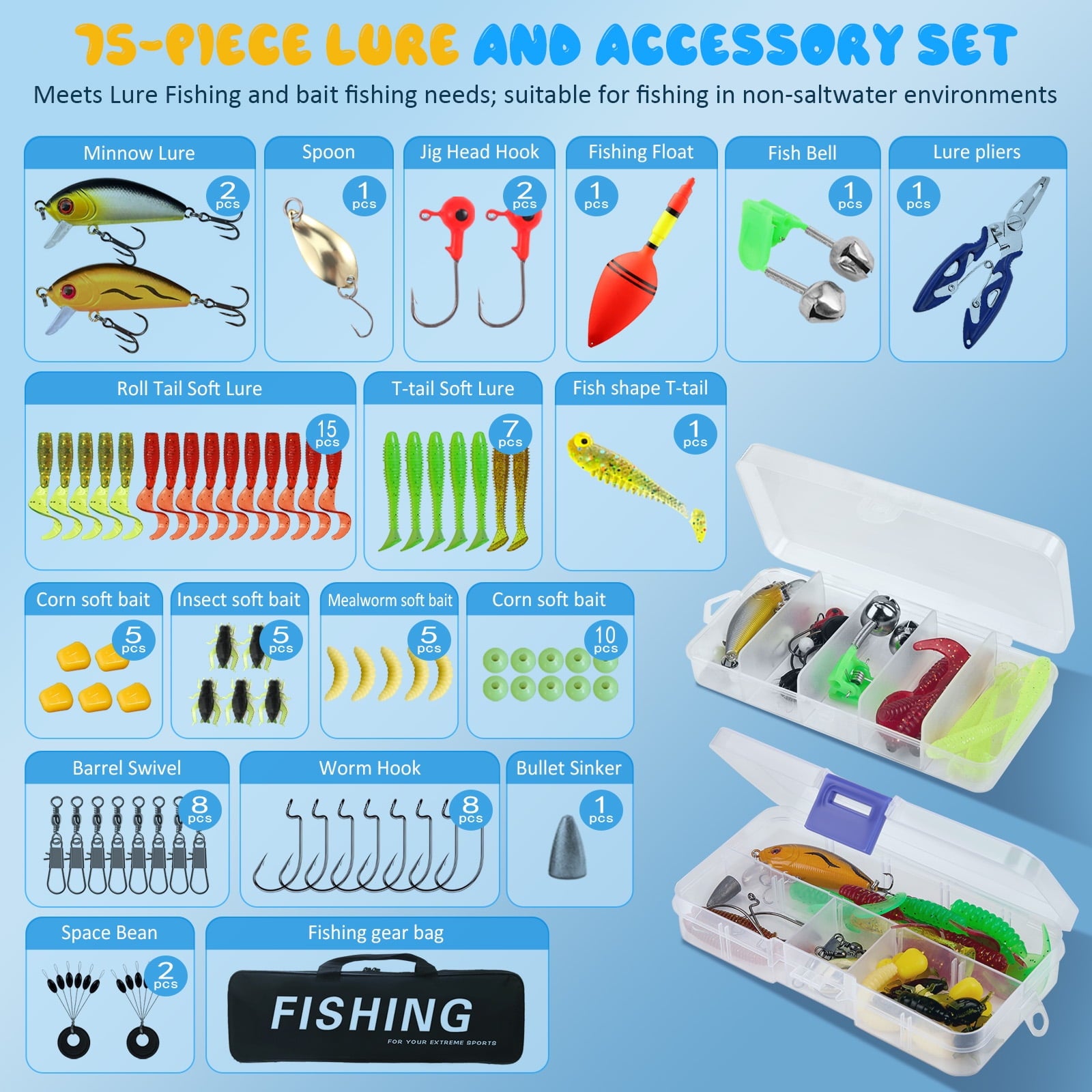 YTAKY Fishing Poles, 75 Pcs Lure Kit , Fishing Poles Combo Set , 2 Telescopic Fishing Poles (3.9ft & 4.9ft) Casting Rod with Spincast Reel, Hooks, Lures, Swivels & Carry Bag