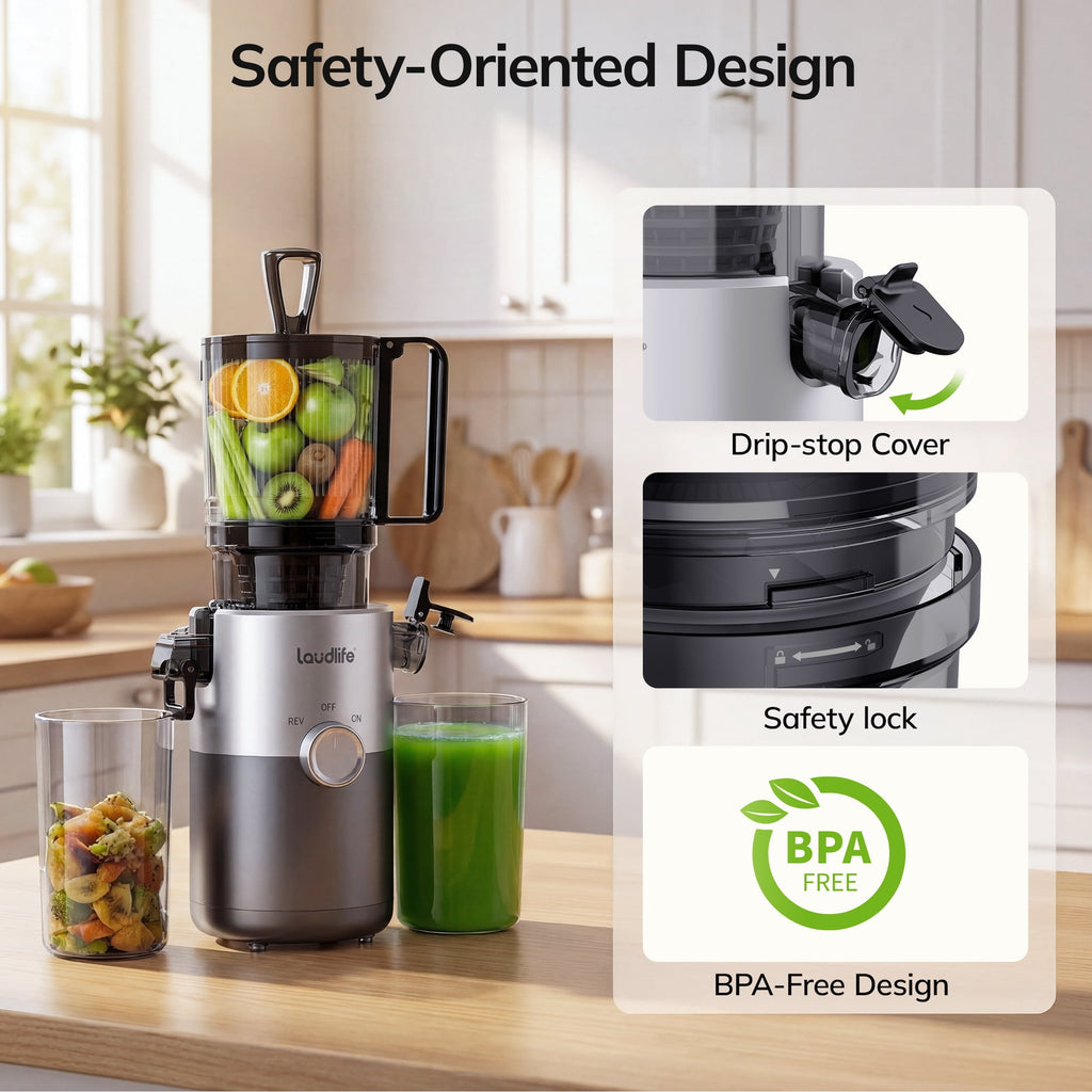 Cold Press Juicer, 5.4" Large Feed Chute Slow Masticating Juicer, High Juice Yield, Ultra Quiet, Easy Clean, BPA Free, Ideal Self-Feeding Juicer for Whole Fruits & Vegetables, Gray