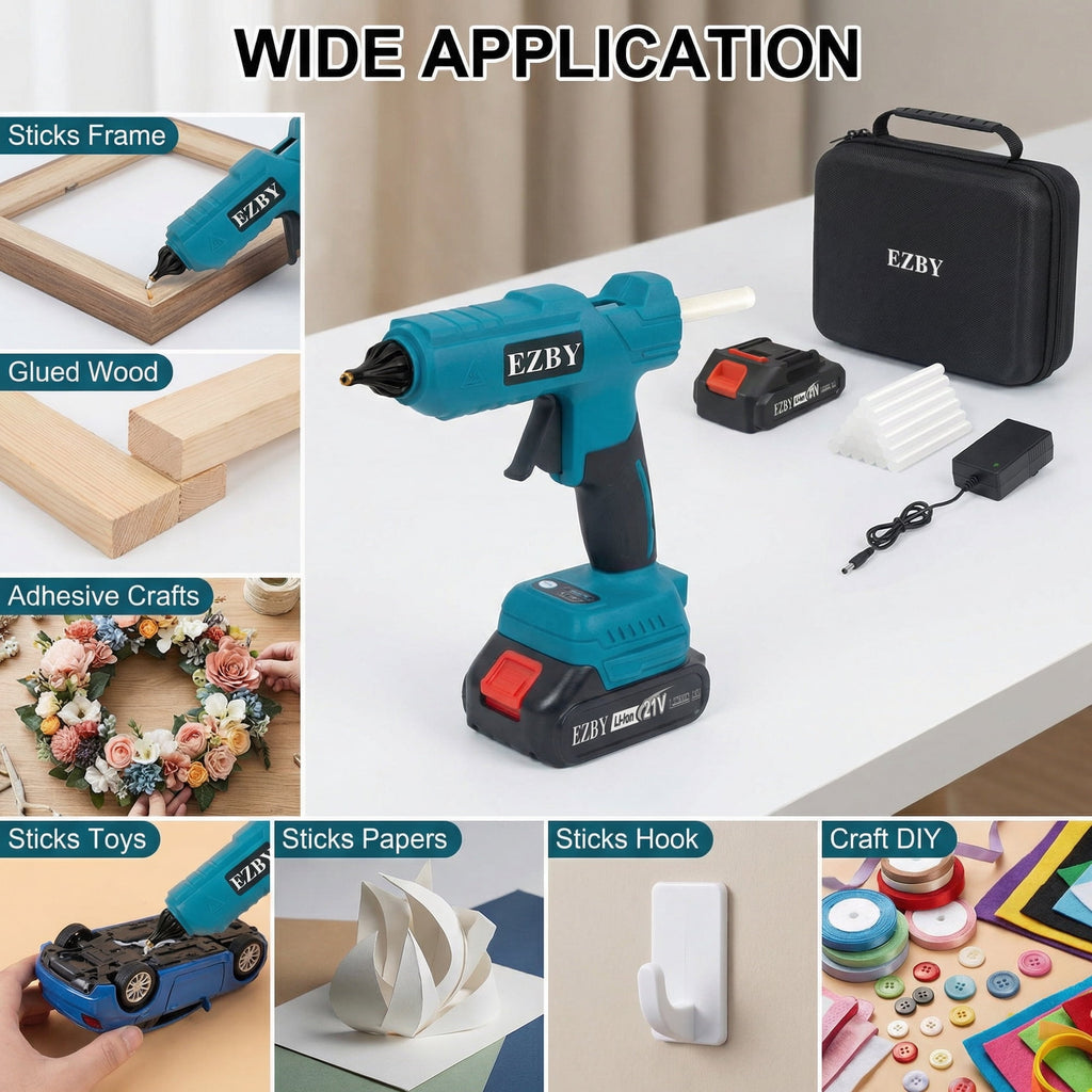 EZBY Cordless Hot Glue Gun with 2 Batteries,42 Glue Sticks,Storage Case,Adjustable Glue Output,100W Power for DIY,Festival Decor and Gifts