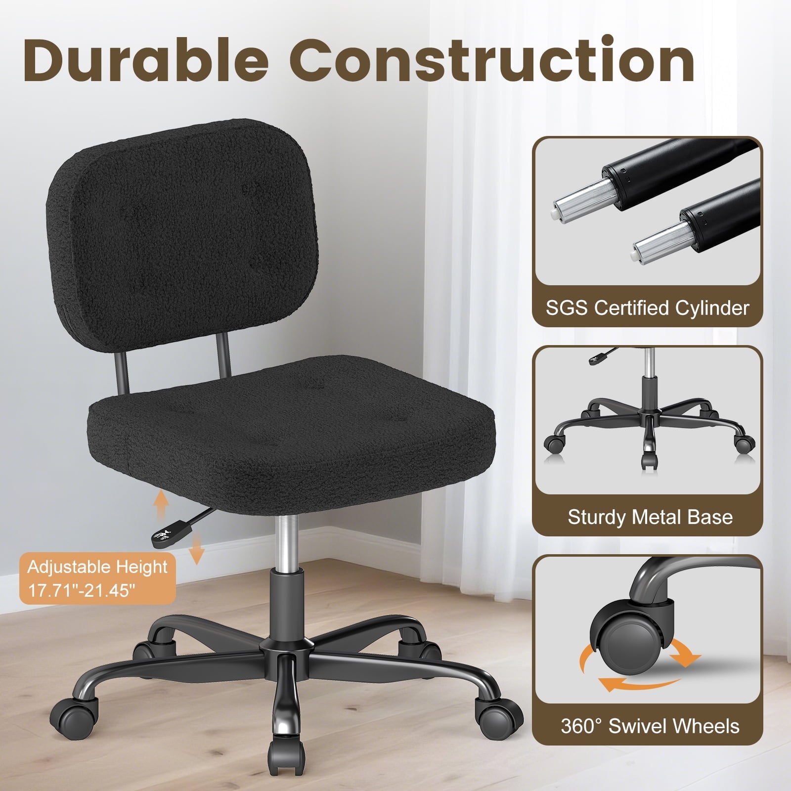 YERAIRR Armless Office Chair with Wide Seat,Teddy Fleece Fabric Home Computer Desk Chair Thickened Cushion Swivel Vanity Chair Black