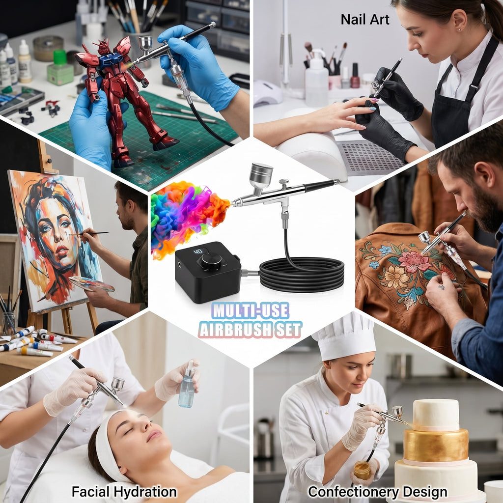 EZBY Airbrush Kit with Air Compressor, 40 PSI High-Pressure Compressor with Digital Display, Auto Start Stop, Zoomable Dual-Adjustment Airbrush Tool for Model Painting, Nail Art, Makeup, Cake Decor