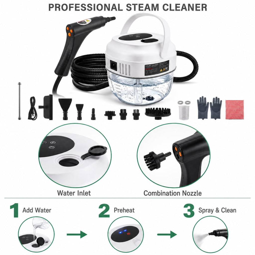 YTAKY Steam Cleaner for Home,Steamer for Cleaning,50.7oz Water Tank,Portable Steam Cleaner with 19 Accessories for Home Cleaning,Grease,Floor,Couch,Window,Car Seat,Tile,Grout,Black