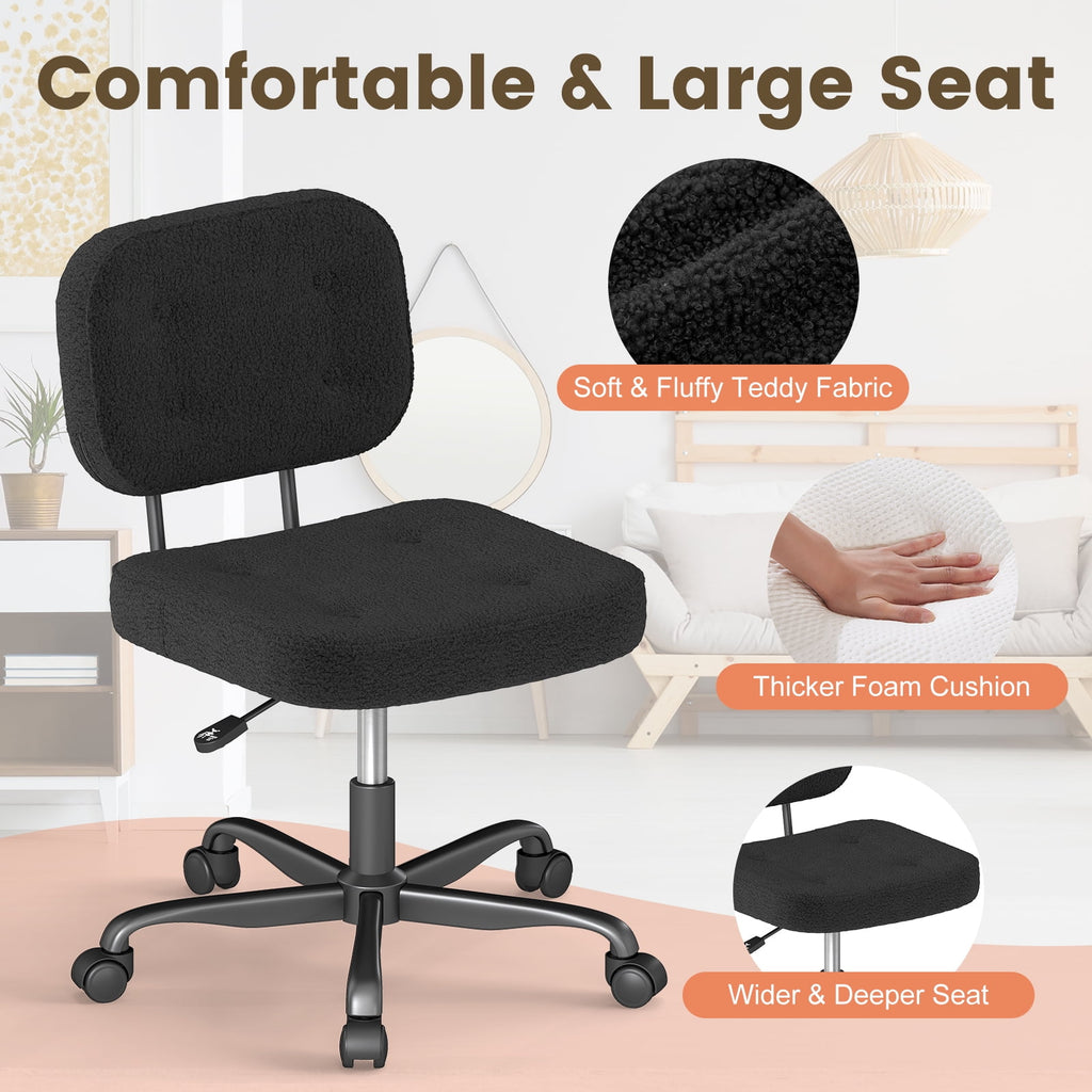 YERAIRR Armless Office Chair with Wide Seat,Teddy Fleece Fabric Home Computer Desk Chair Thickened Cushion Swivel Vanity Chair Black