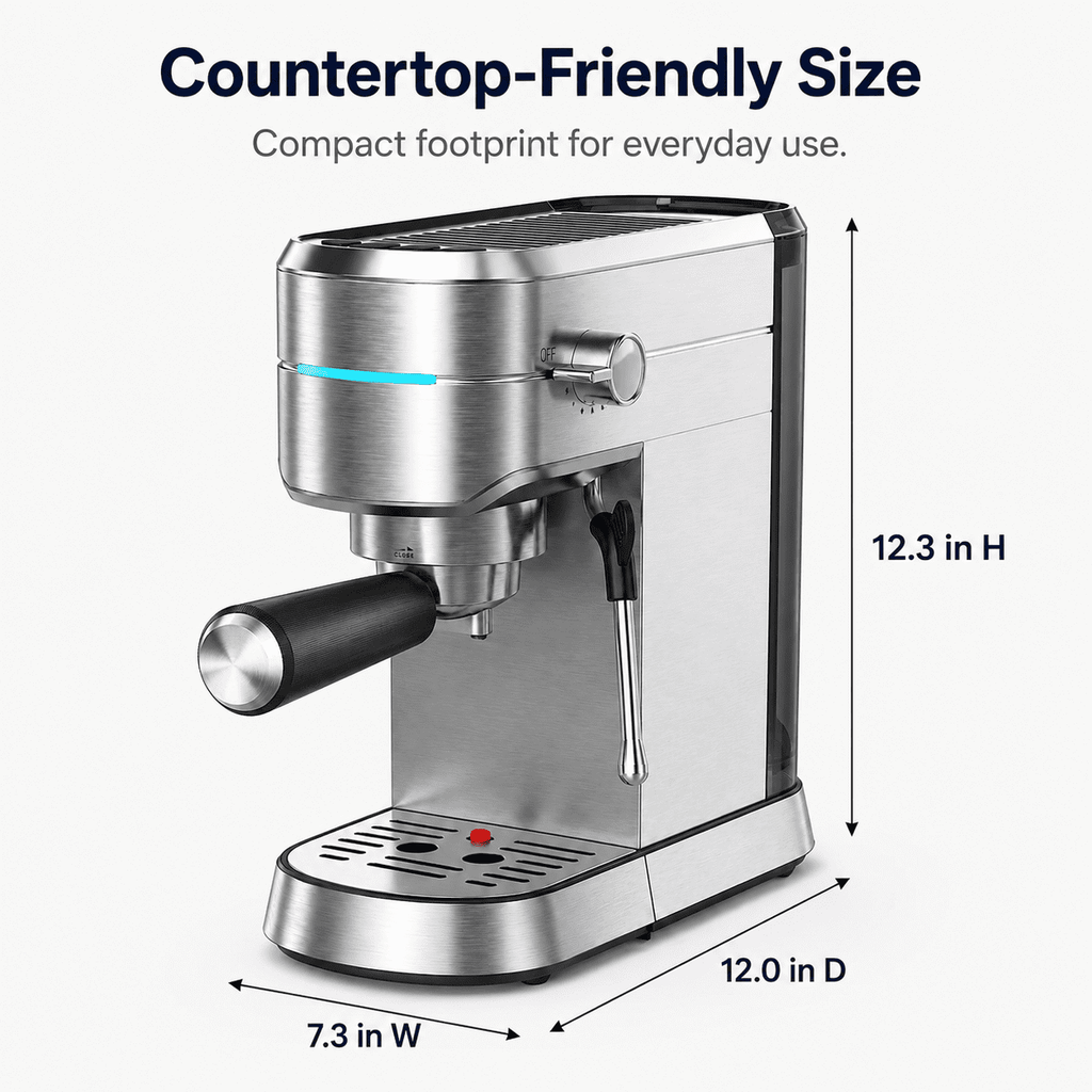 NICWIN Espresso Machine 15 Bar Compact Espresso Maker with Milk Frother Wand, 1350W Fast Heating Stainless Steel Coffee Machine for Espresso, Latte, Cappuccino, 7.3 Inch Wide