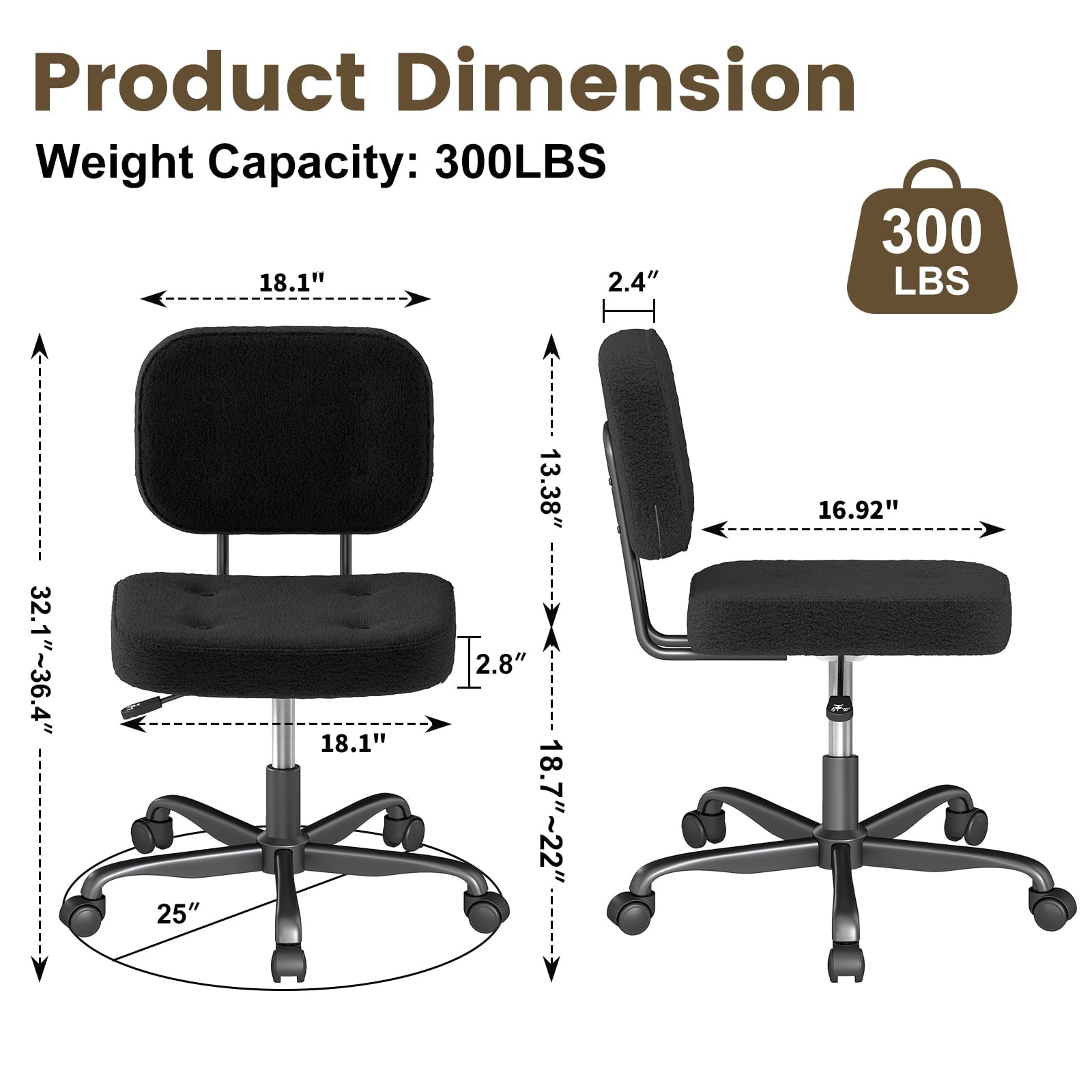 YERAIRR Armless Office Chair with Wide Seat,Teddy Fleece Fabric Home Computer Desk Chair Thickened Cushion Swivel Vanity Chair Black