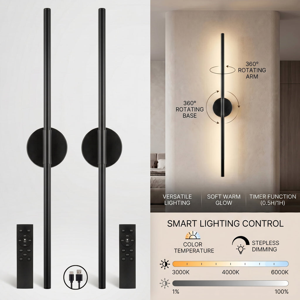 EZBY Battery Operated Wall Sconce, 5000mAh Wireless Rechargeable LED Wall Light with Remote, 360 Degree Rotatable Magnetic Base, 3 Color Dimmable Modern Lamp for Bedroom