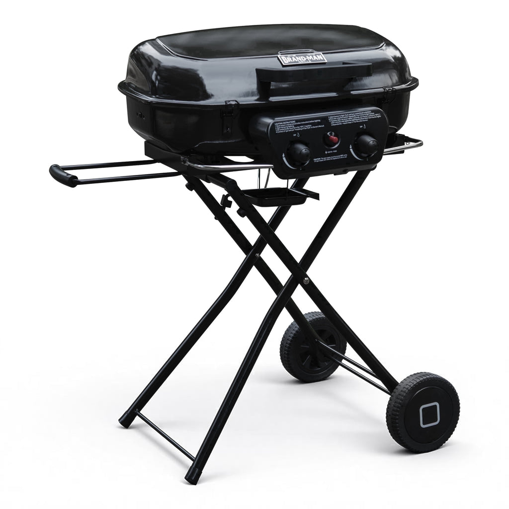 Brand Man Portable 2-Burner Camping Propane Gas Grill, Enameled Foldable BBQ with Griddle for Outdoor Cooking, Green