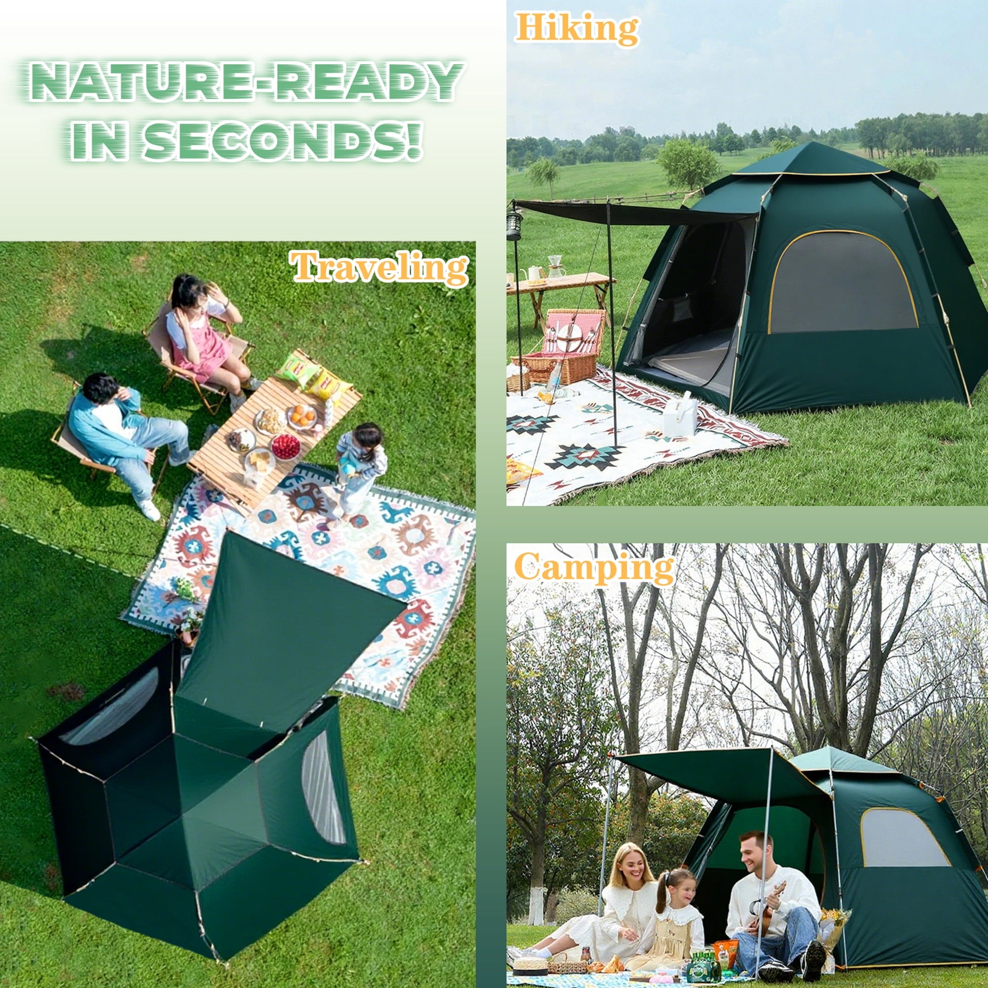 EZBY Tents for Camping,2-3 Person Instant Pop Up Camping Tent with Screen Porch,Removable Rainfly and Carry Bag for Camping Backpacking Hiking-Green