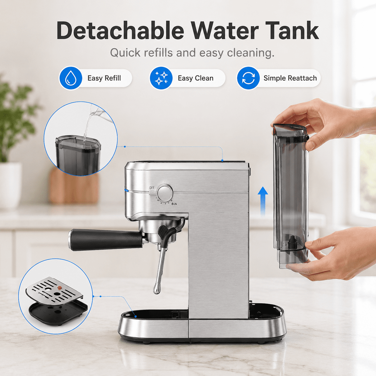 NICWIN Espresso Machine 15 Bar Compact Espresso Maker with Milk Frother Wand, 1350W Fast Heating Stainless Steel Coffee Machine for Espresso, Latte, Cappuccino, 7.3 Inch Wide