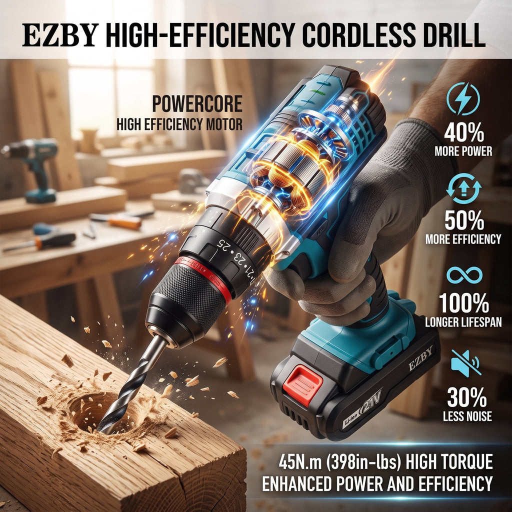 EZBY 21V Cordless Drill Set,Electric Power Drill Driver with 2 Batteries and Screw Kit,3/8" Keyless Chuck,2 Variable Speed, for Home Repair & DIY