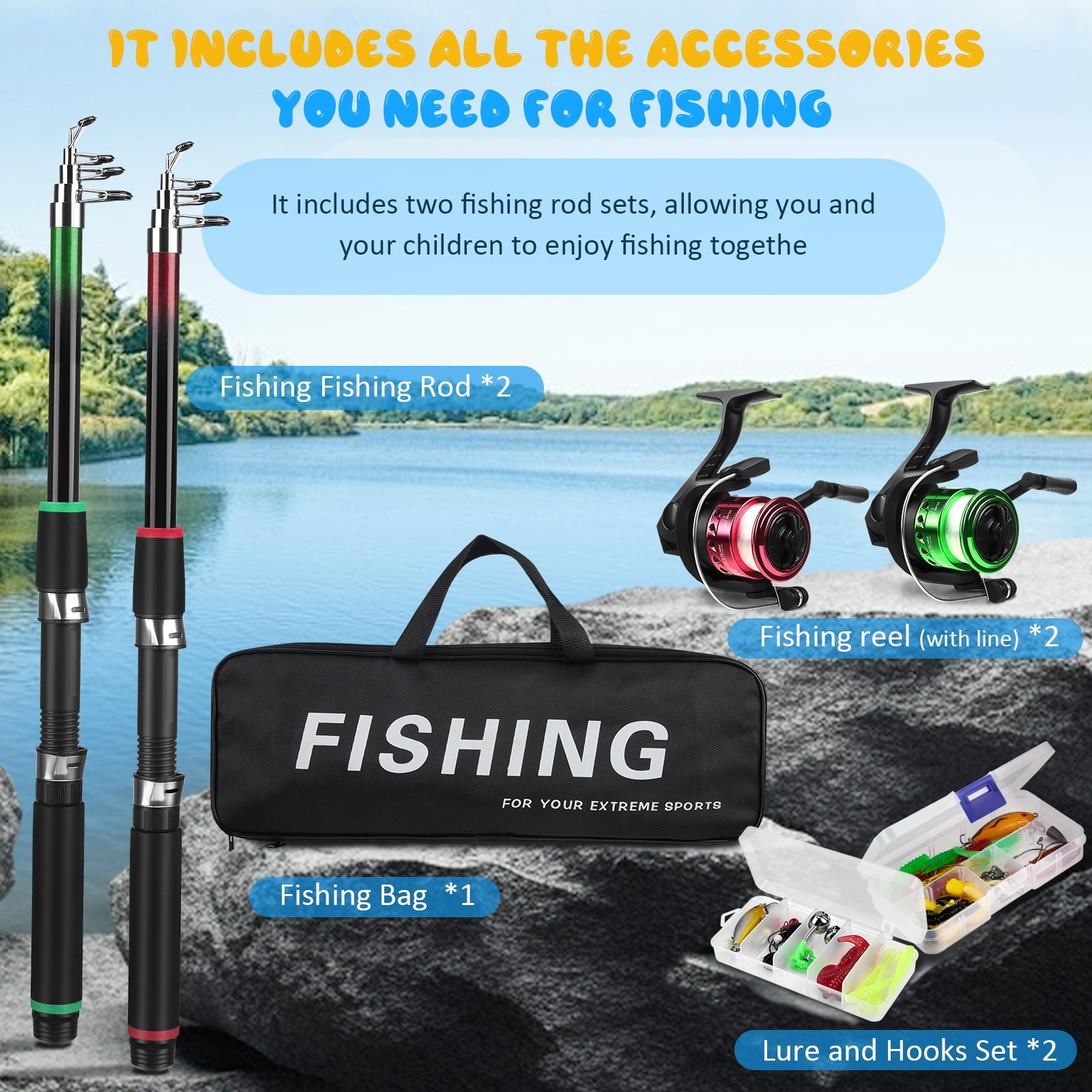 YTAKY Fishing Poles, 75 Pcs Lure Kit , Fishing Poles Combo Set , 2 Telescopic Fishing Poles (3.9ft & 4.9ft) Casting Rod with Spincast Reel, Hooks, Lures, Swivels & Carry Bag