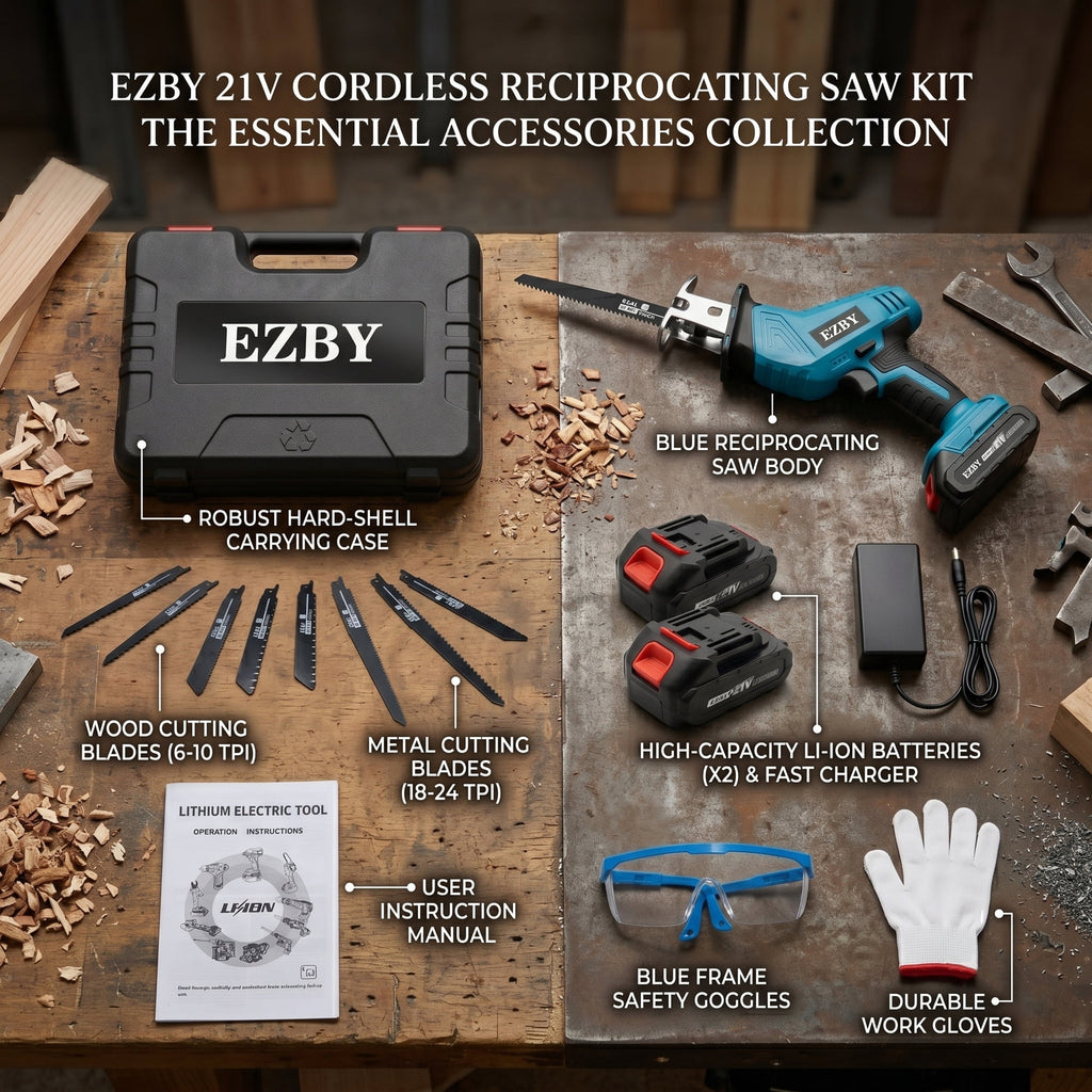 EZBY 21V Cordless Reciprocating Saw Kit, 3500 SPM Variable Speed One-Handed Power Saw with Dual 2.0Ah Batteries, Tool-Free Blade Change, 8 Alloy Blades for Wood and Metal Cutting