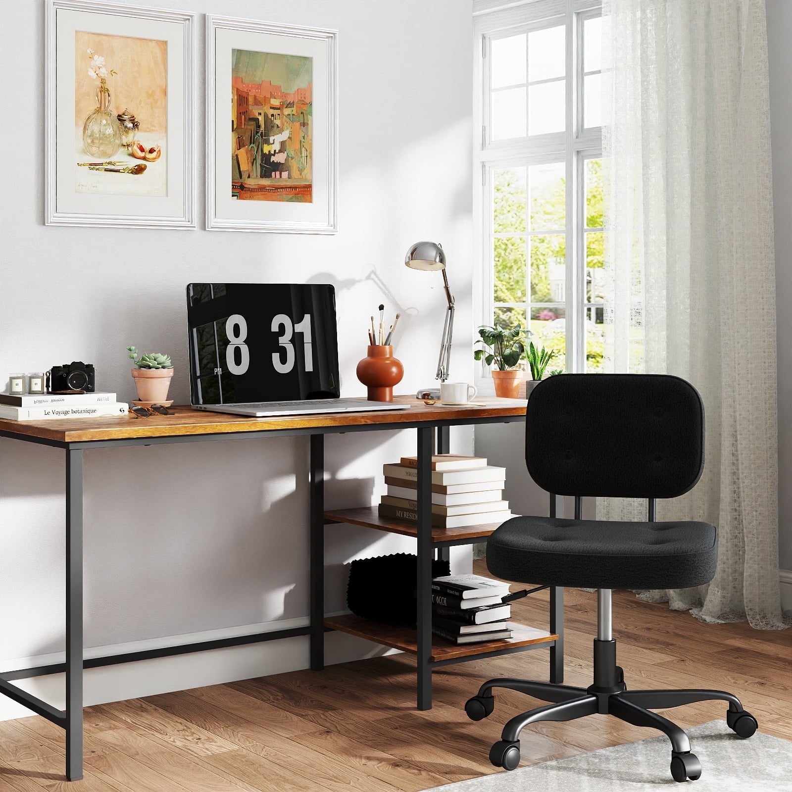 YERAIRR Armless Office Chair with Wide Seat,Teddy Fleece Fabric Home Computer Desk Chair Thickened Cushion Swivel Vanity Chair Black