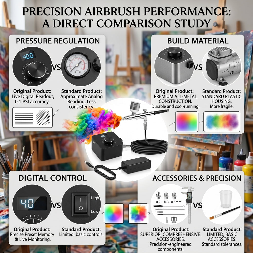 EZBY Airbrush Kit with Air Compressor, 40 PSI High-Pressure Compressor with Digital Display, Auto Start Stop, Zoomable Dual-Adjustment Airbrush Tool for Model Painting, Nail Art, Makeup, Cake Decor
