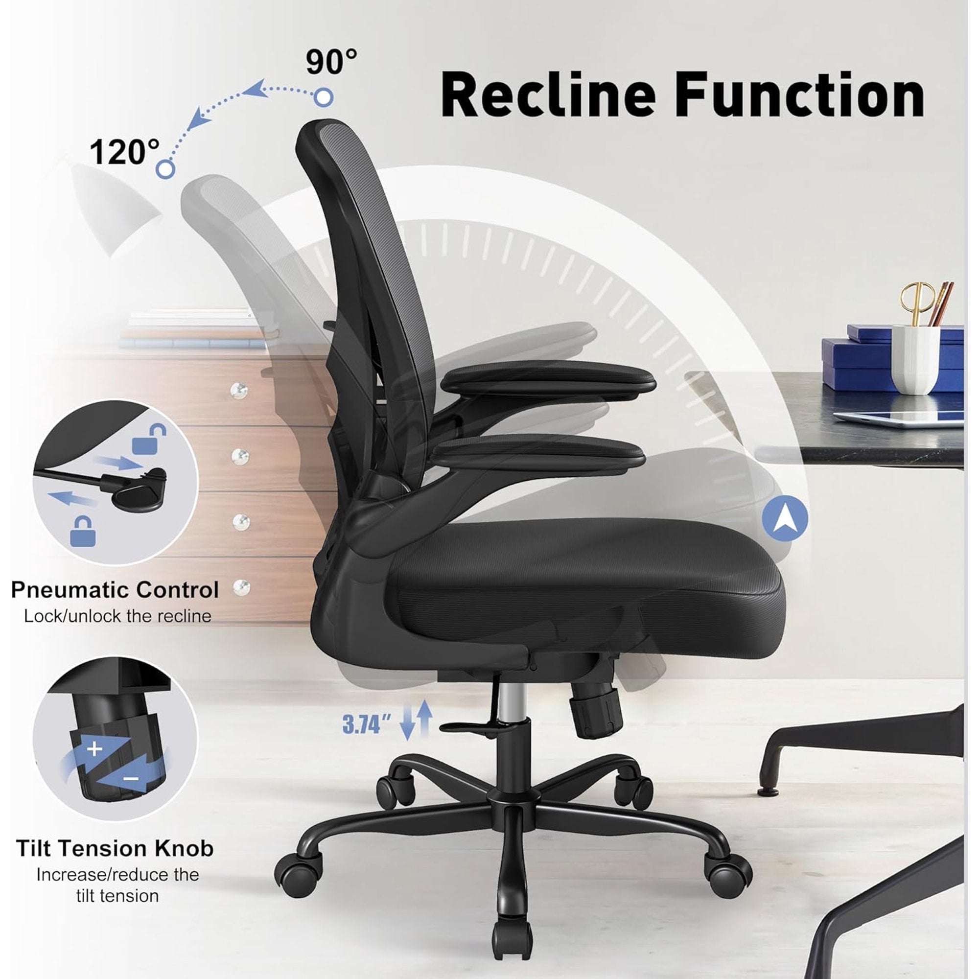 YERAIRR Office Chair, Ergonomic Desk Chair with Lumbar Support and Adjustable Armrests,Breathable Mesh Mid Back Computer Chair, Reclining Task Chair for Home Office, Black