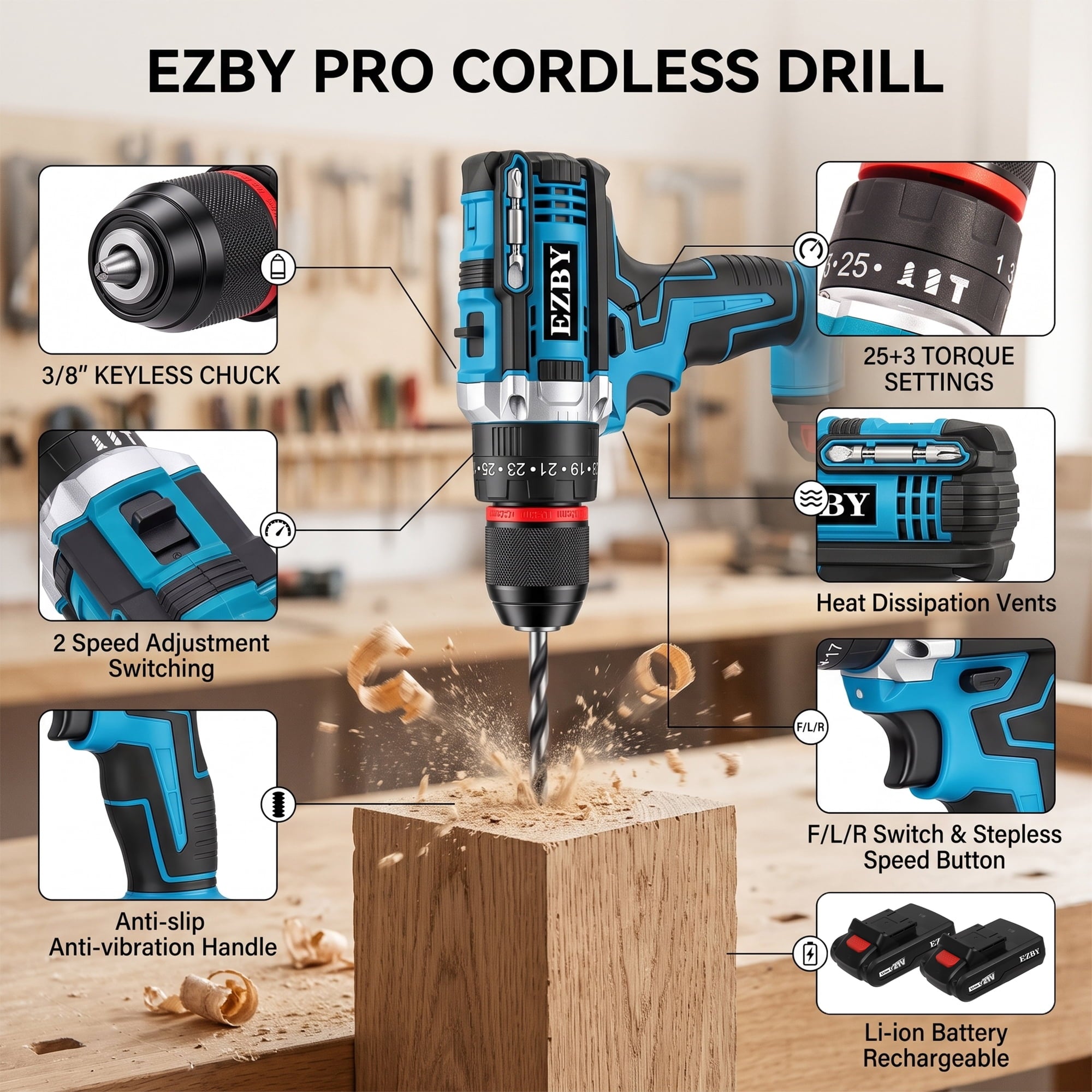 EZBY 21V Cordless Drill Set,Electric Power Drill Driver with 2 Batteries and Screw Kit,3/8" Keyless Chuck,2 Variable Speed, for Home Repair & DIY