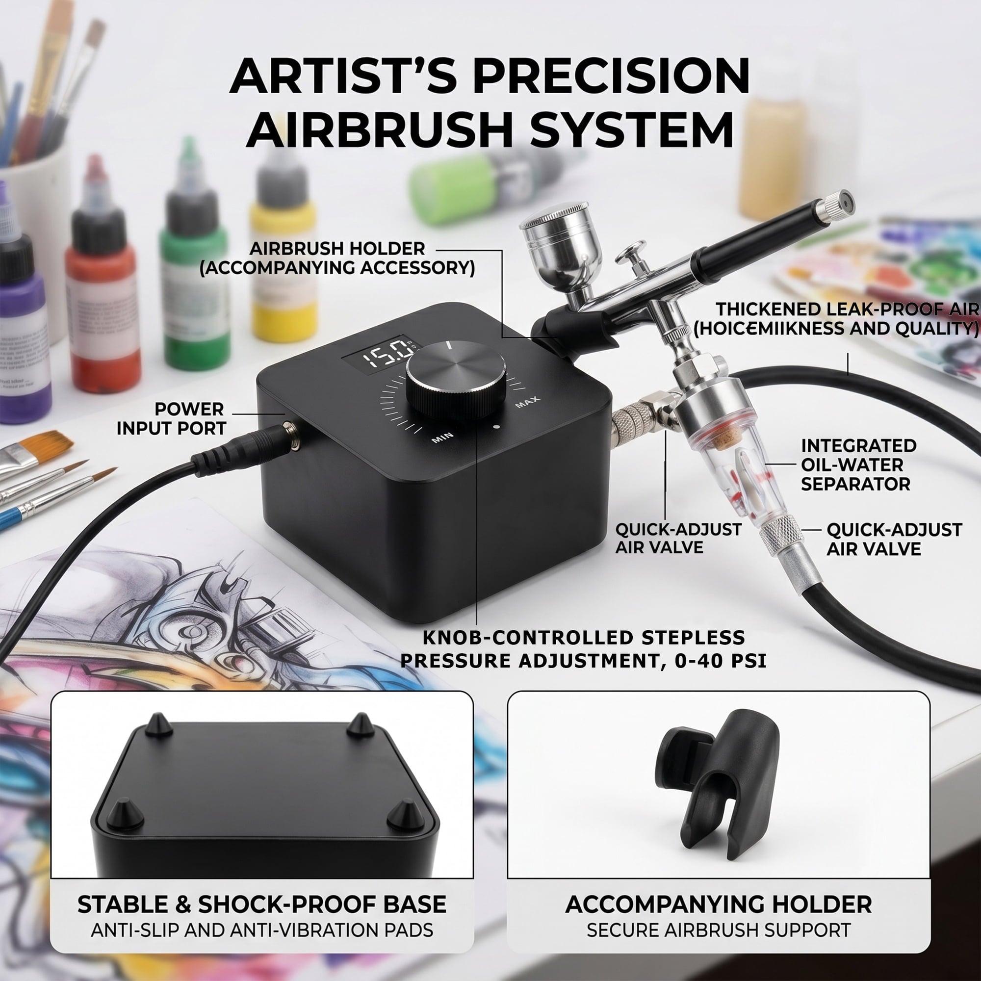 EZBY Airbrush Kit with Air Compressor, 40 PSI High-Pressure Compressor with Digital Display, Auto Start Stop, Zoomable Dual-Adjustment Airbrush Tool for Model Painting, Nail Art, Makeup, Cake Decor
