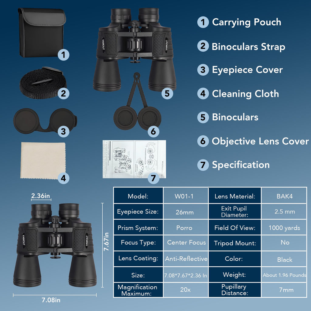 VAMOUT 20X50 Binoculars for Adults, HD High Powered Binoculars, Compact Waterproof Binoculars with Low Light Vision for Bird Watching Hunting Camping Travel Stargazing Cruise