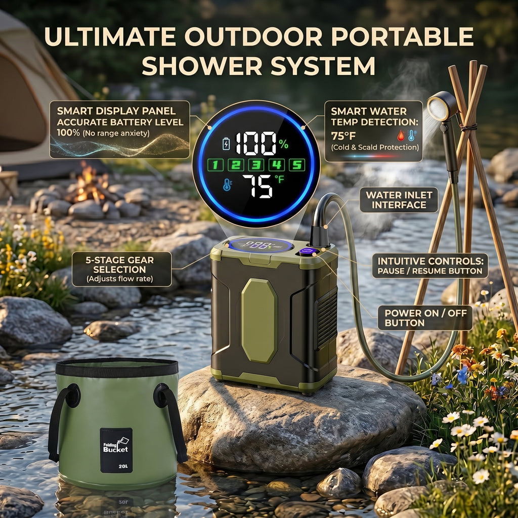 EZBY Portable Shower,10000mAh Shower Pump with Digital LCD,5 Pressure Settings,Temperature & Battery Display for Outdoor Camping,Travel,Pet Bath