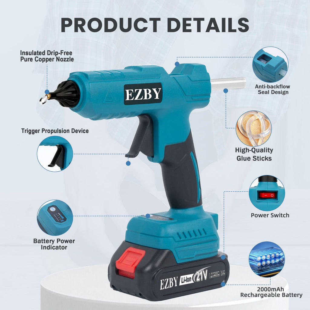 EZBY Cordless Hot Glue Gun with 2 Batteries,42 Glue Sticks,Storage Case,Adjustable Glue Output,100W Power for DIY,Festival Decor and Gifts