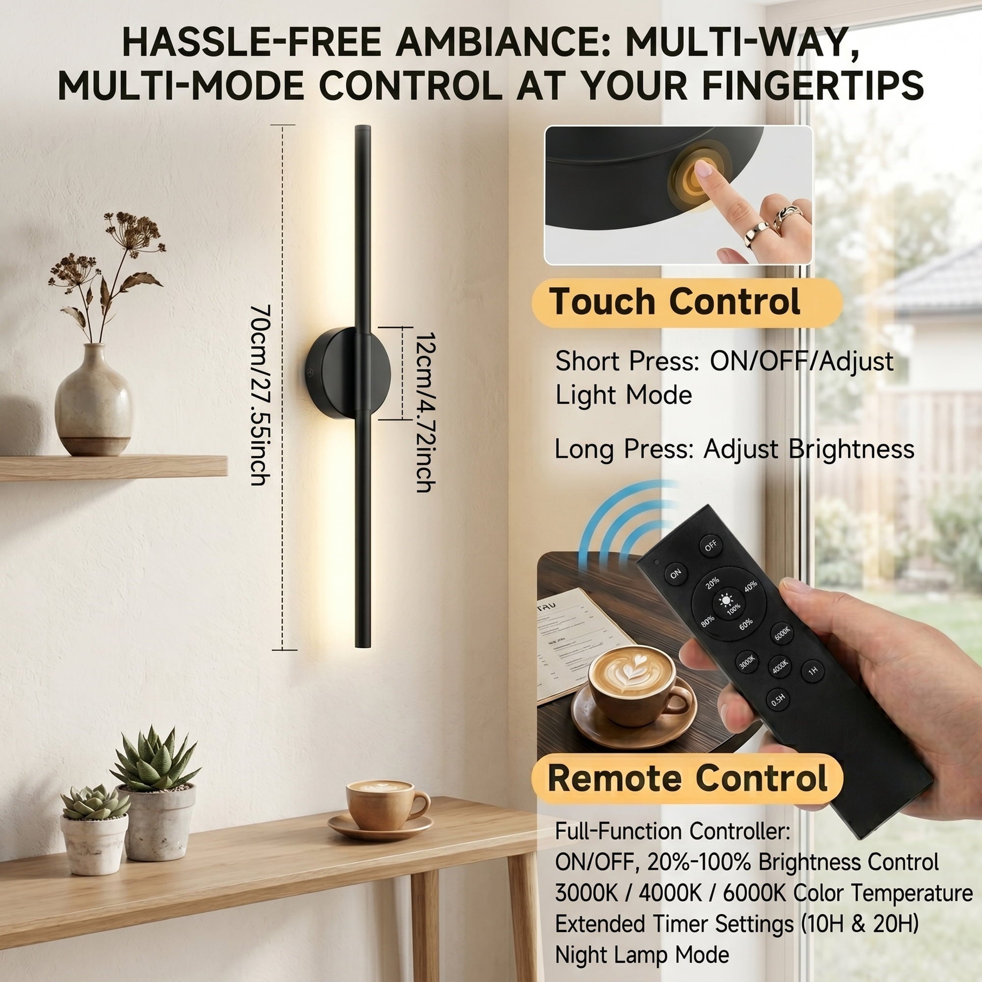 EZBY Battery Operated Wall Sconce, 5000mAh Wireless Rechargeable LED Wall Light with Remote, 360 Degree Rotatable Magnetic Base, 3 Color Dimmable Modern Lamp for Bedroom
