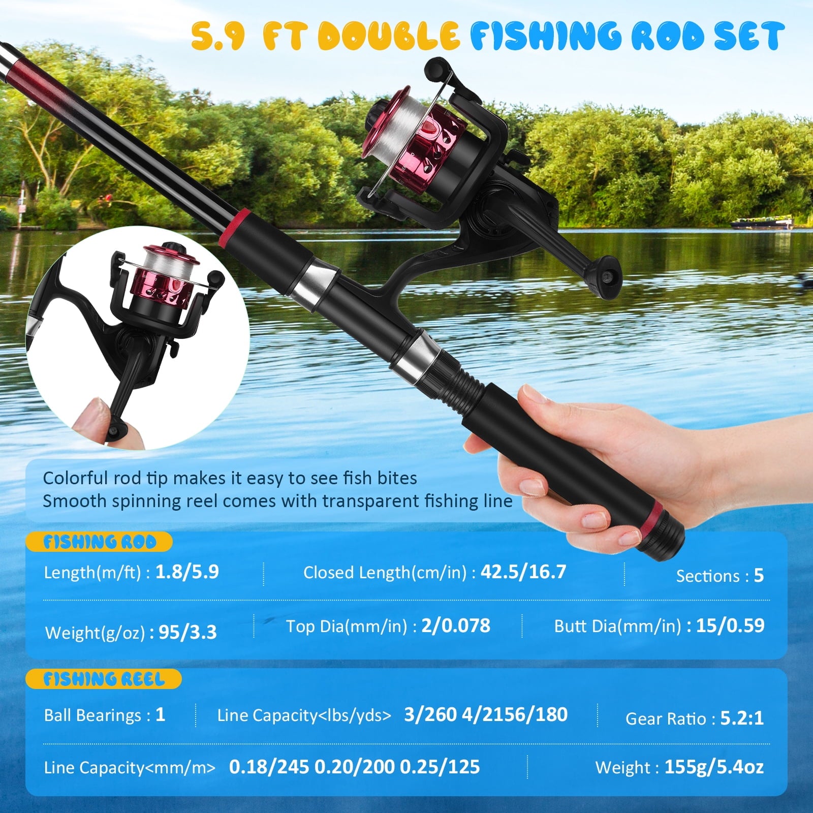 YTAKY Fishing Poles, 75 Pcs Lure Kit , Fishing Poles Combo Set , 2 Telescopic Fishing Poles (3.9ft & 4.9ft) Casting Rod with Spincast Reel, Hooks, Lures, Swivels & Carry Bag