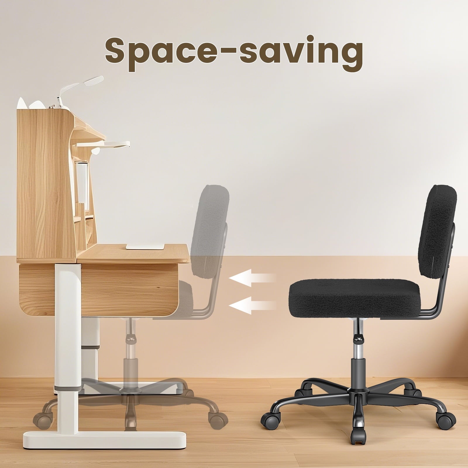 YERAIRR Armless Office Chair with Wide Seat,Teddy Fleece Fabric Home Computer Desk Chair Thickened Cushion Swivel Vanity Chair Black