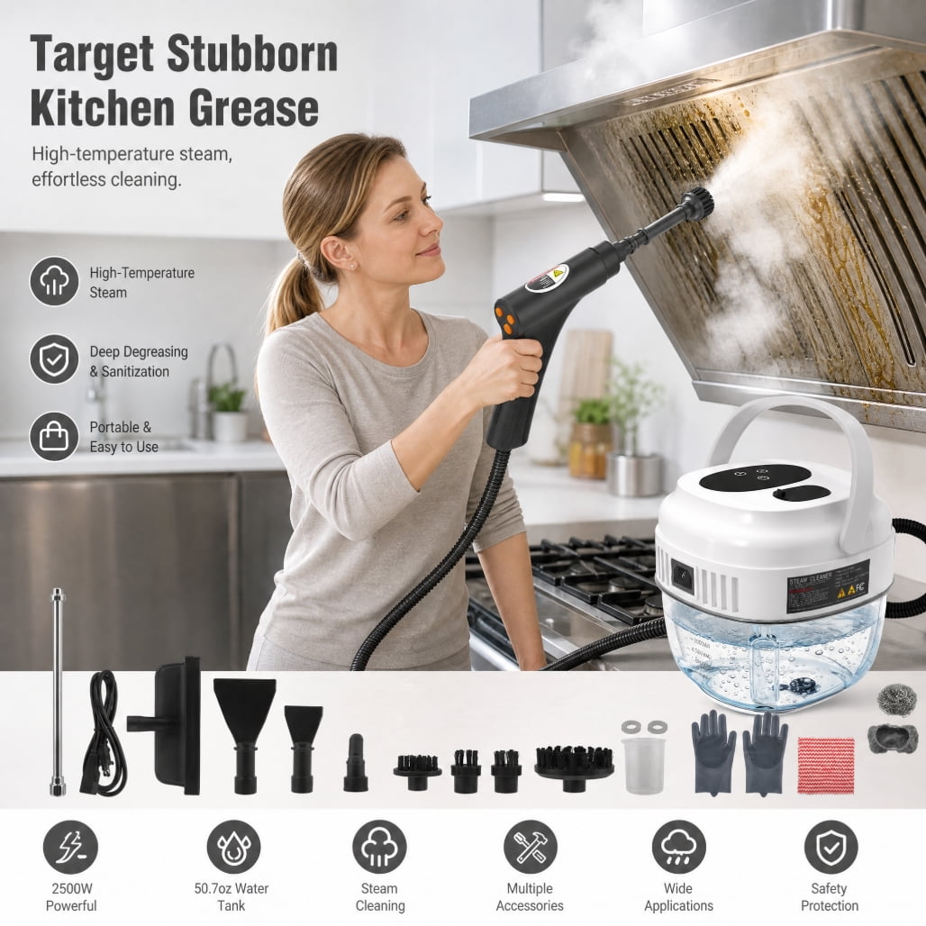 YTAKY Steam Cleaner for Home,Steamer for Cleaning,50.7oz Water Tank,Portable Steam Cleaner with 19 Accessories for Home Cleaning,Grease,Floor,Couch,Window,Car Seat,Tile,Grout,Black